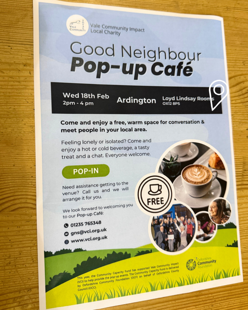 Good Neighbour Pop-up Café event poster at Loyd Lindsay Rooms Ardington Oxfordshire